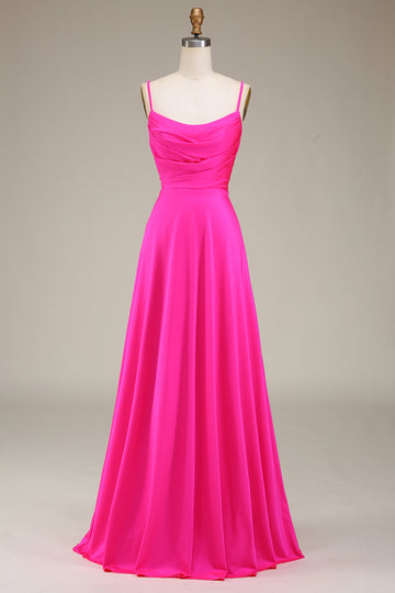Hot Pink Spaghetti Straps A-Line Ball Dress with Pleated